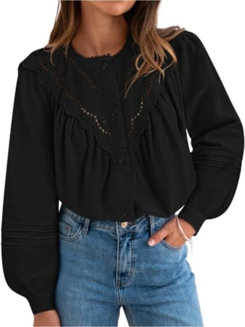 Long Sleeve Lace Crochet Button Down Babydoll Blouse